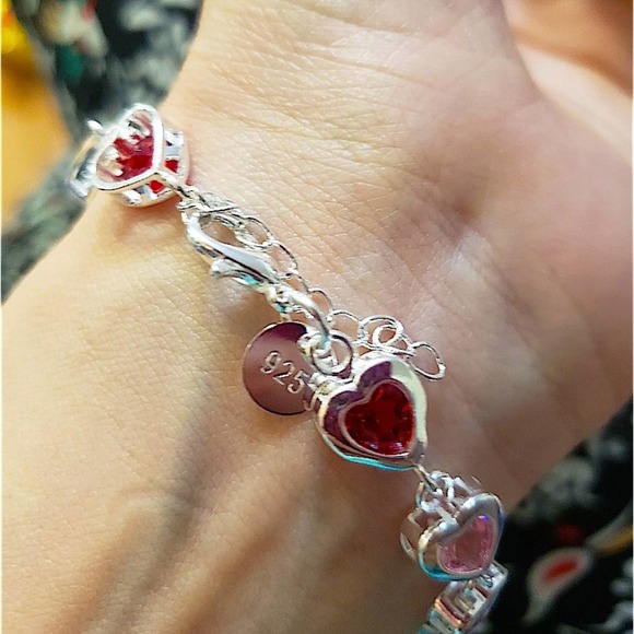 Sterling Silver Heart Multicolor Gemstone 925 Stamped Bracelet - Picture 11 of 12